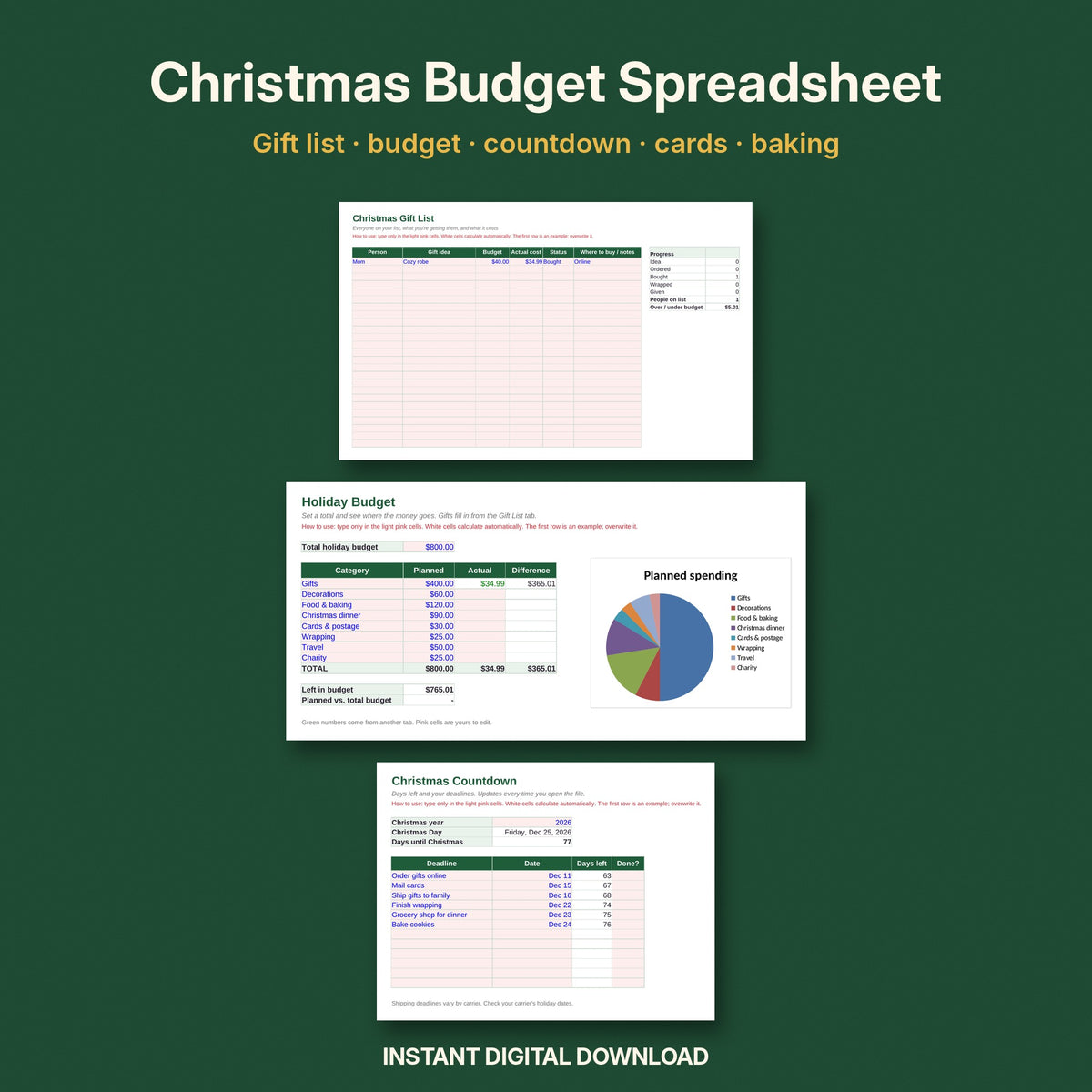 Christmas Budget & Gift Planner Spreadsheet | Gift List, Countdown & Card List (Excel & Google Sheets)